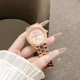 玫瑰金钢带镶钻手表精致石英机芯轻奢优雅风格日常佩戴装饰腕表