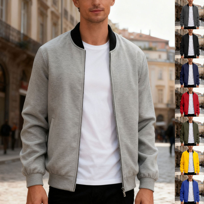 2025 Cross-Border Amazon New European and American Men's Solid Color Jacket Spring and Autumn Thin Casual Long-Sleeve Round-Neck Jacket