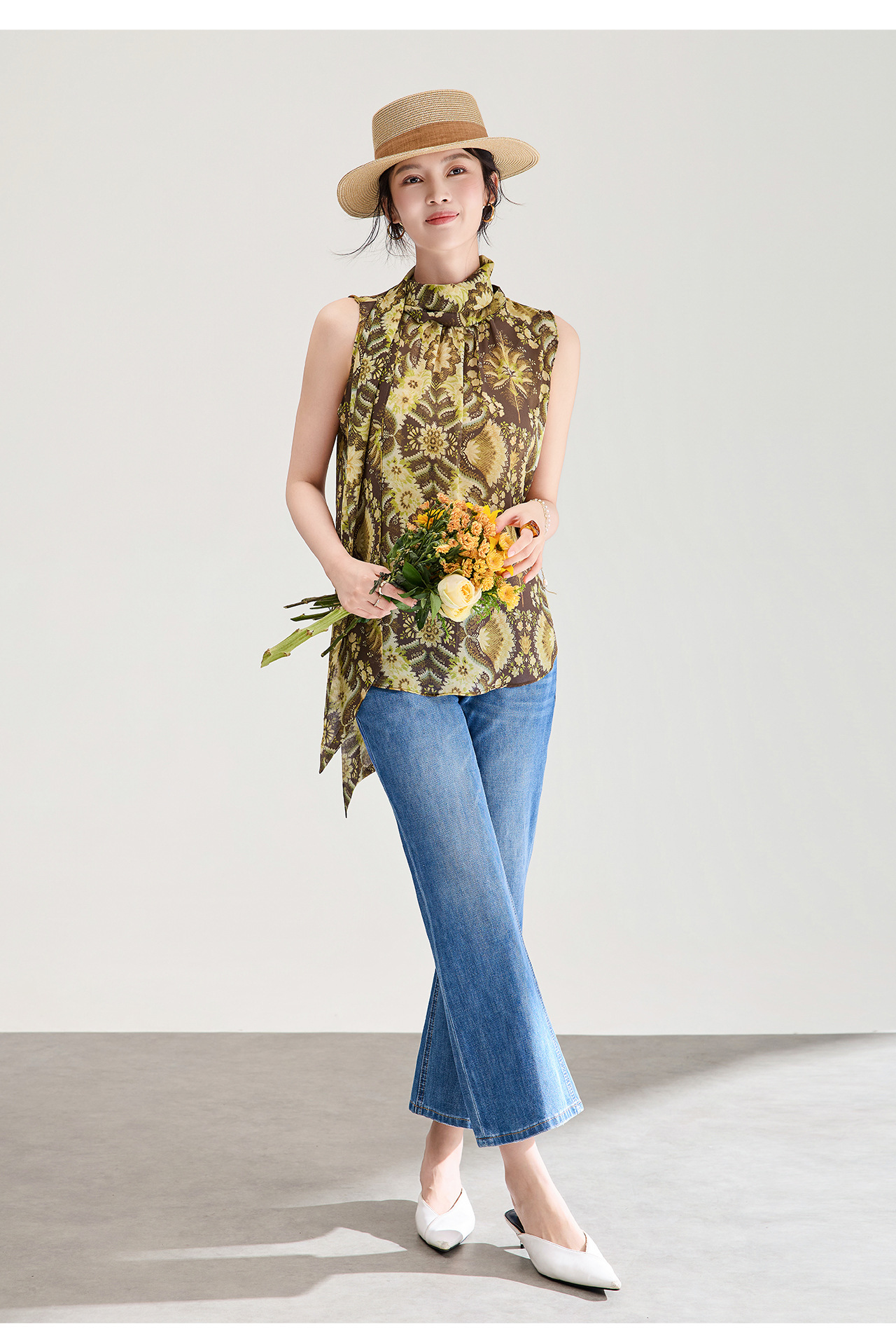 Áo hai dây nữ chất liệu chiffon in hoa, phối dây lụa, phong cách thanh lịch mùa hè — màu xám chi tiết 17