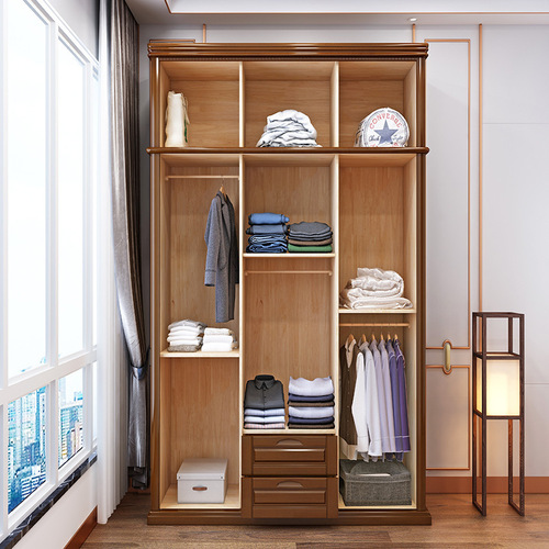 新中式实木四门衣柜现代简约经济型橡胶木组装收纳卧室家具