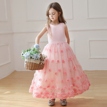 跨境中大童粉色高档礼服女童生日婚礼花童裙立体花朵蓬蓬纱长裙