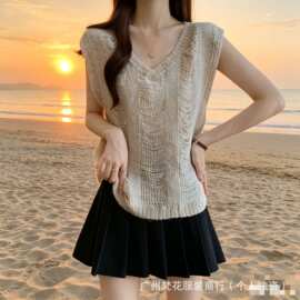 实拍实价 韩系亚麻无袖镂空背心马甲女夏季新款宽松百搭针织上衣
