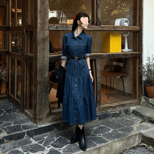 Retro temperament denim shirt dress for women with waist waist to show slimming and large swing long dress for early autumn new light luxury high-end women's wear