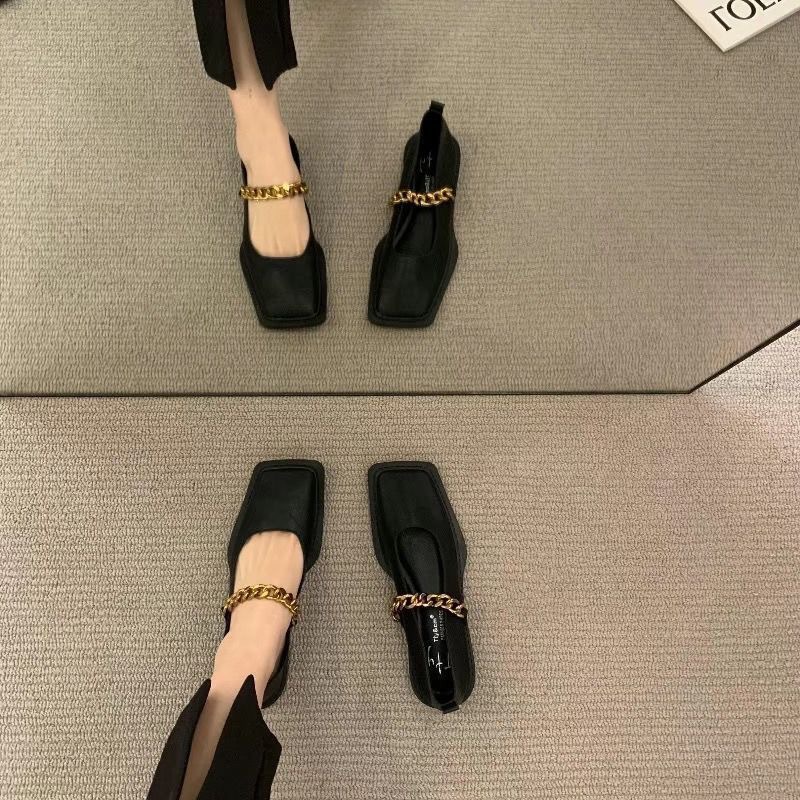 Metal Chain Square-Toe Soft-Soled Retro Loafers 2025 New British Style Versatile Elegant Mary Jane Leather Shoes_vogvips.com