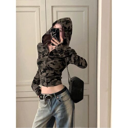 American style spicy girl camouflage long-sleeved hooded coat women's early autumn unique and slender zipper short-sleeved top