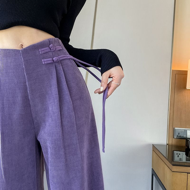 Purple Corduroy Pants for Women, Autumn and Winter New Chinese-Style Buttoned Casual Suit Pants, Chenille Fleece-Lined Narrow Wide-Leg Pants Purple Corduroy Pants for Women, Autumn and Winter New Chinese-Style Buttoned Casual Suit Pants, Chenille Fleece-Lined Narrow Wide-Leg Pants