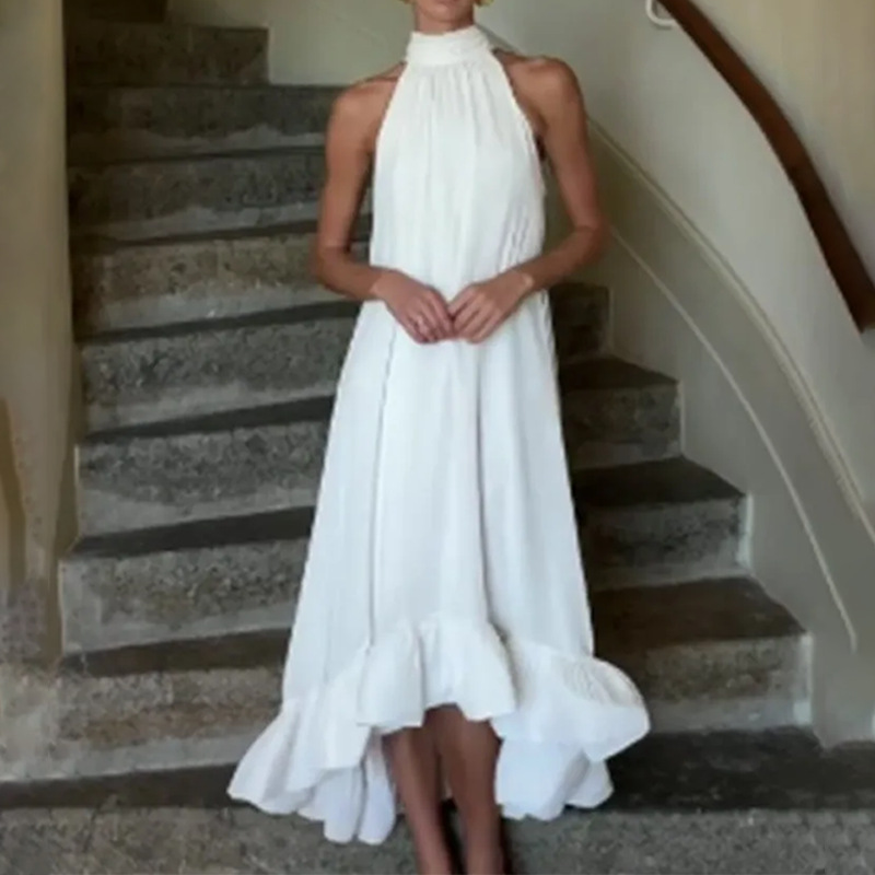 2025 Amazon transfronterizo nueva ropa de mujer europea y americana temperamento elegante y de moda vestido de cuello halter plisado de color sólido sin mangas