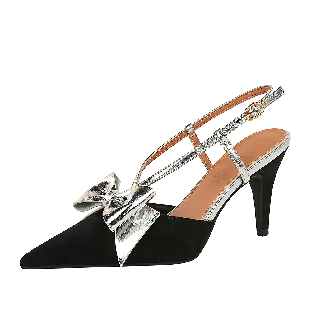 1383-2 French Style Banquet Velvet Pointed High Heels One-Strap Color-Block Bowknot Single Hollow Women's Shoes_vogvips.com