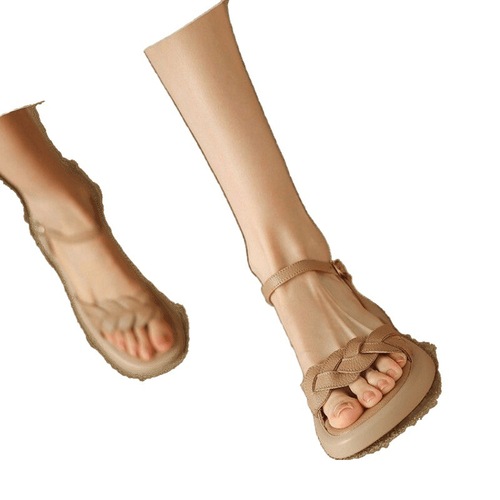 Leather soft sole French retro woven one strap open-toe summer sandals for women, thick bottom Roman shoes, Korean style, matches skirts