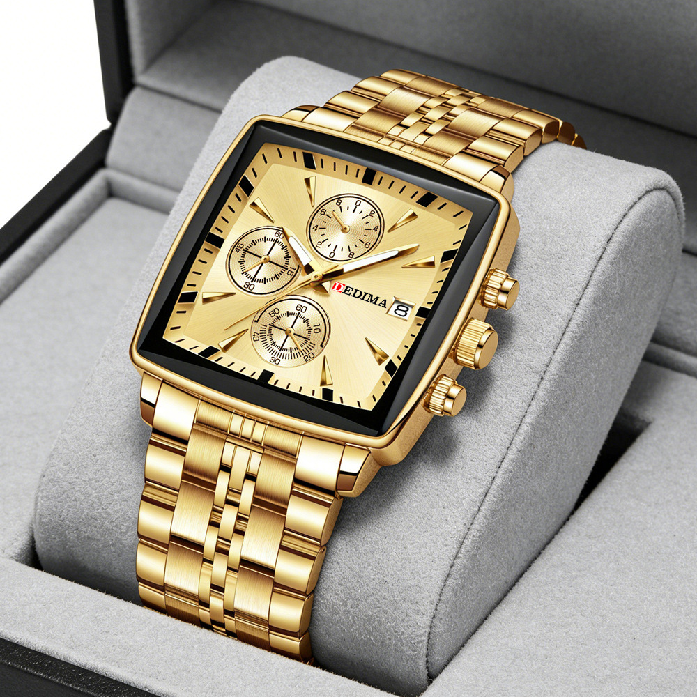 2026 New Model Square Men's Multi-Functional Sports Steel Band Watch with Three Dials and Six Hands, Butterfly Double Clasp, Cross-Border Hot Seller