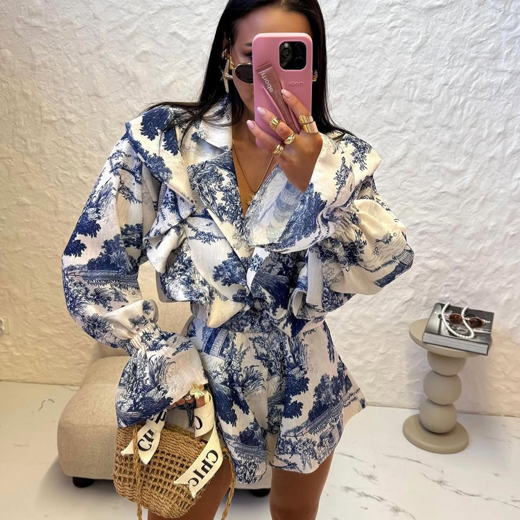 外贸欧美女装国风水墨印花套装新款翻领喇叭袖开衫上衣短裤两件套|undefined