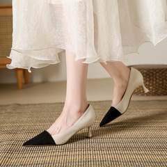 羊皮淺口拼色單鞋女新款細跟尖頭低幫女鞋性感高跟鞋2023夏季真皮