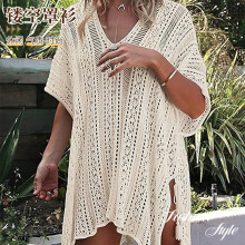 欧美套头镂空沙滩针织衫防走光防晒海滩度假时尚针织纯色上衣针织
