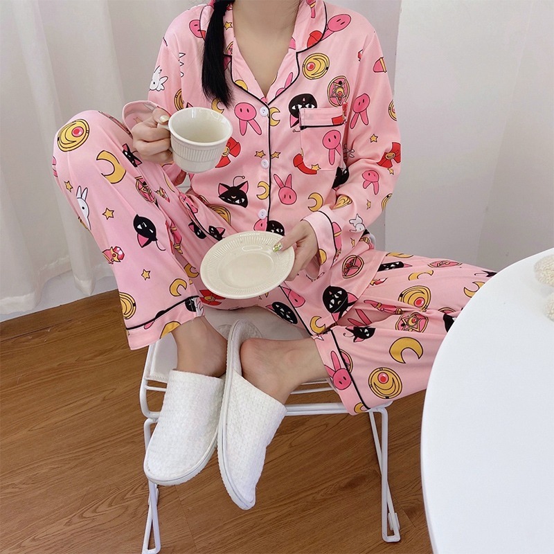 卡通甜美长袖长裤睡衣女士秋季新款牛奶丝可爱少女宽松开衫家居服|undefined