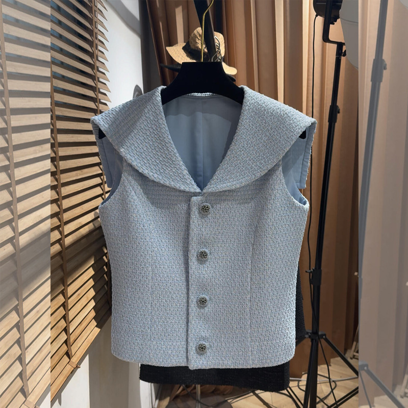French-Style Navy Collar Single-Breasted Sleeveless Top for Women, 2026 New Model, Chanel-Inspired Elegant Fashion Versatile Vest
