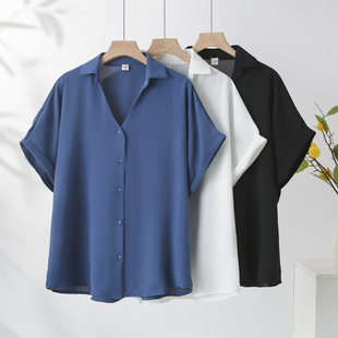 2025 Summer Plus Size Women's Shirt V Neck Short-Sleeved Air Ice Silk Chiffon Cardigan Fat Girl Simple Fashion Shirt 0673