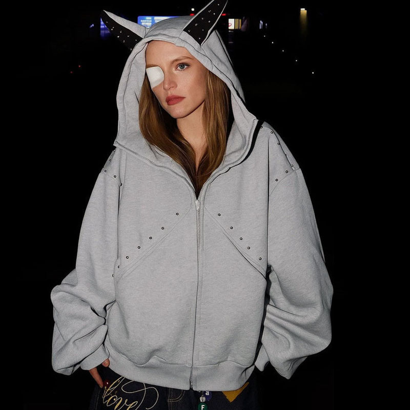 Cross-Border Foreign Trade American Style Rivet Doberman Ear Hooded Couple Sweatshirt Cardigan Jacket Wholesale