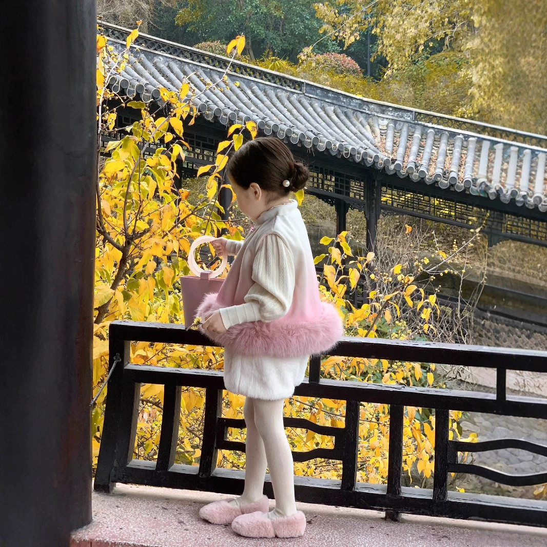 Новогодняя одежда для девочек зимний китайский стиль новый китайский порошок градиентный цвет шерсть жилет шерсть шерсть шорты