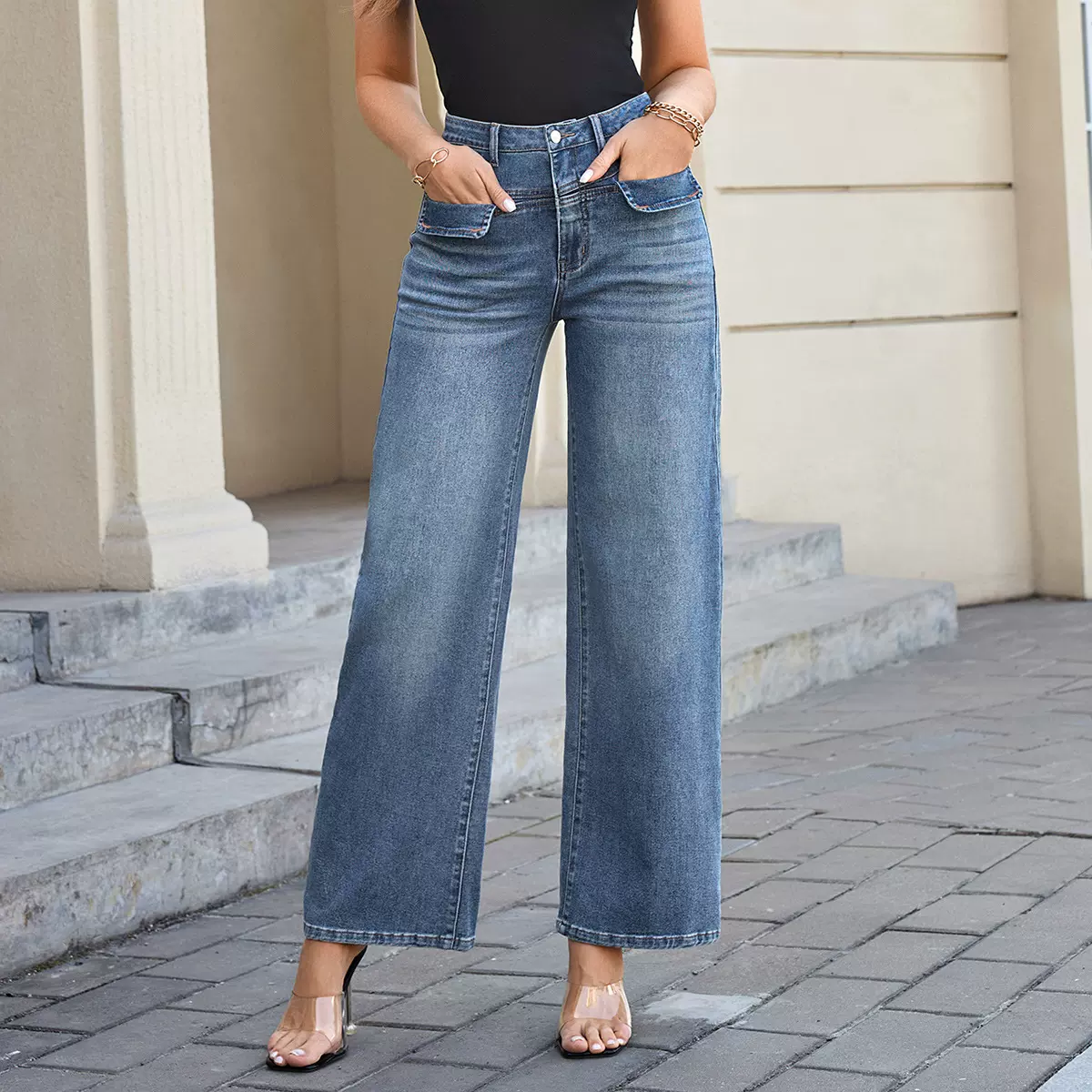 跨境欧美外贸女装 时尚个性女式秋冬无弹宽松牛仔阔腿裤女