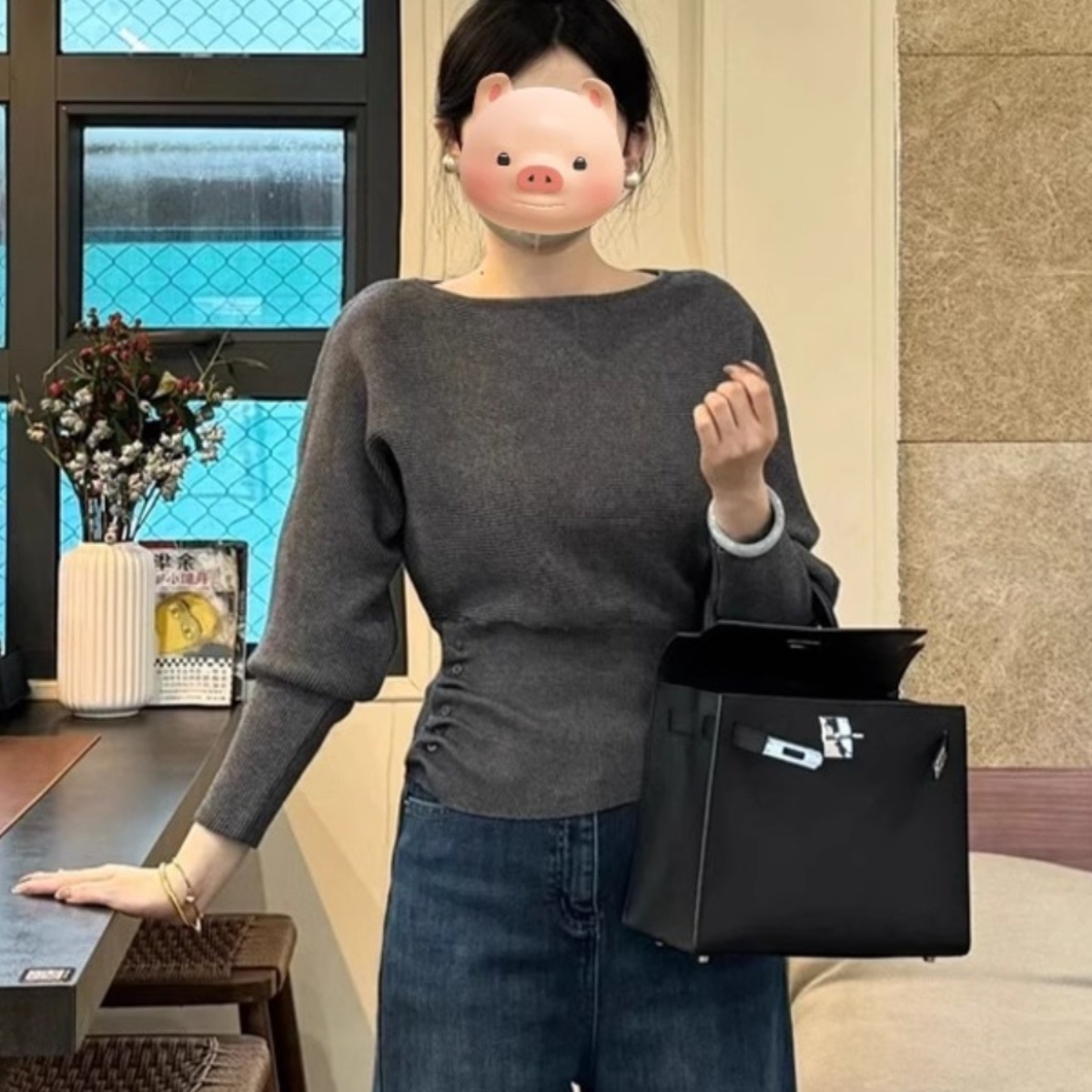 掐腰设计感针织衫女春秋季外穿韩系感上衣收腰毛衣内搭打底衫