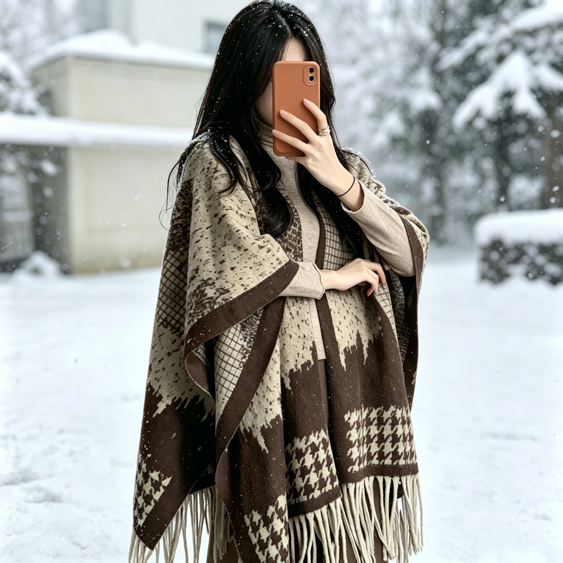 Imitation Cashmere Shawl 2026 Autumn and Winter New Style Black and White Ink Painting Fashion Warm Travel Cardigan Elegant