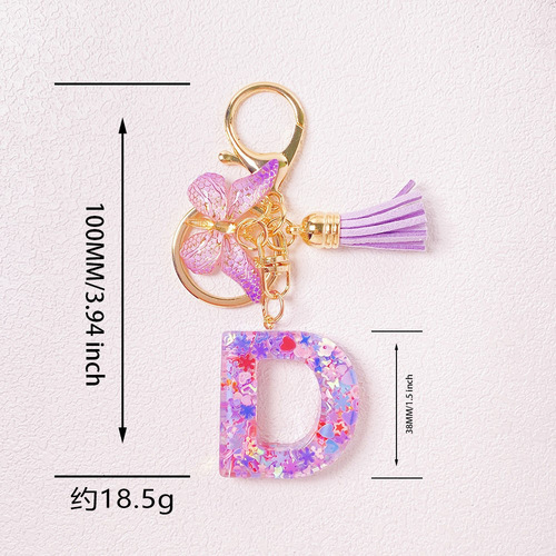 Fashion Purple Letter Keychain with Heart Glitter Butterfly Tassel Crystal Droplet Resin Pendant Accessory for Women