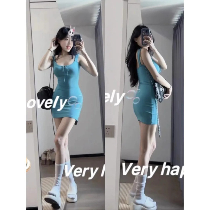 辣妹高腰抽绳蝴蝶结U领背心纯欲包臀短裙显瘦梨形身材穿搭连衣裙|undefined