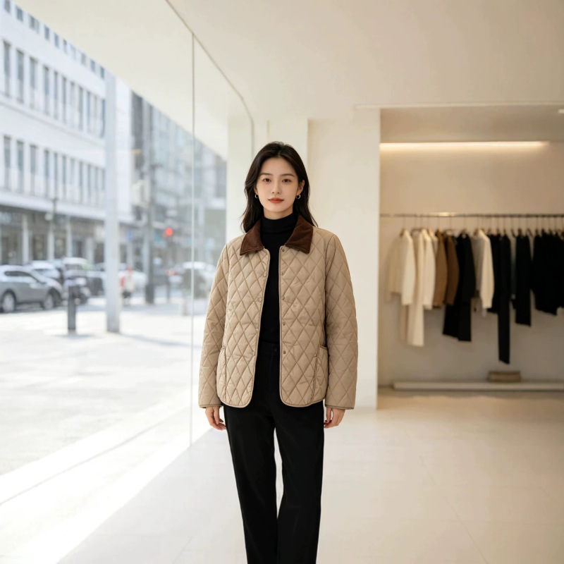 623 # Women's Corduroy Collar Cotton Coat with Diamond Pattern, Loose Fit, New Fall/Winter 2025 Style