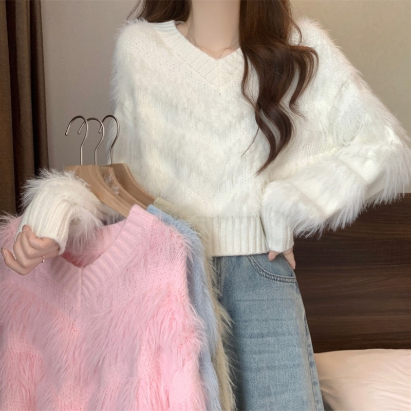 2025 new Autumn and Winter Style Tender Style Furry Knitted Sweater Women Korean Style Casual Soft Sweater Base Shirt Top Trendy