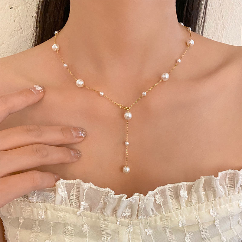 Wedding Occasion Titanium Steel Material Geometric Pattern Elegant Geometric Titanium Steel Tassel Artificial Pearls Necklace