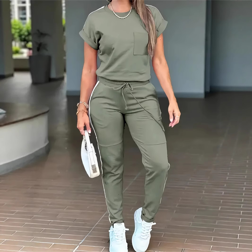 Lässiges Damen-Komfort-Set – Kurzarm-T-Shirt mit Rundhalsausschnitt und gerader Hose mit Taschen (Schwarz/Oliv/Matcha/Grau/Marineblau, S-XXL, Frühlings- und Sommer-Outfit)_voghion.com