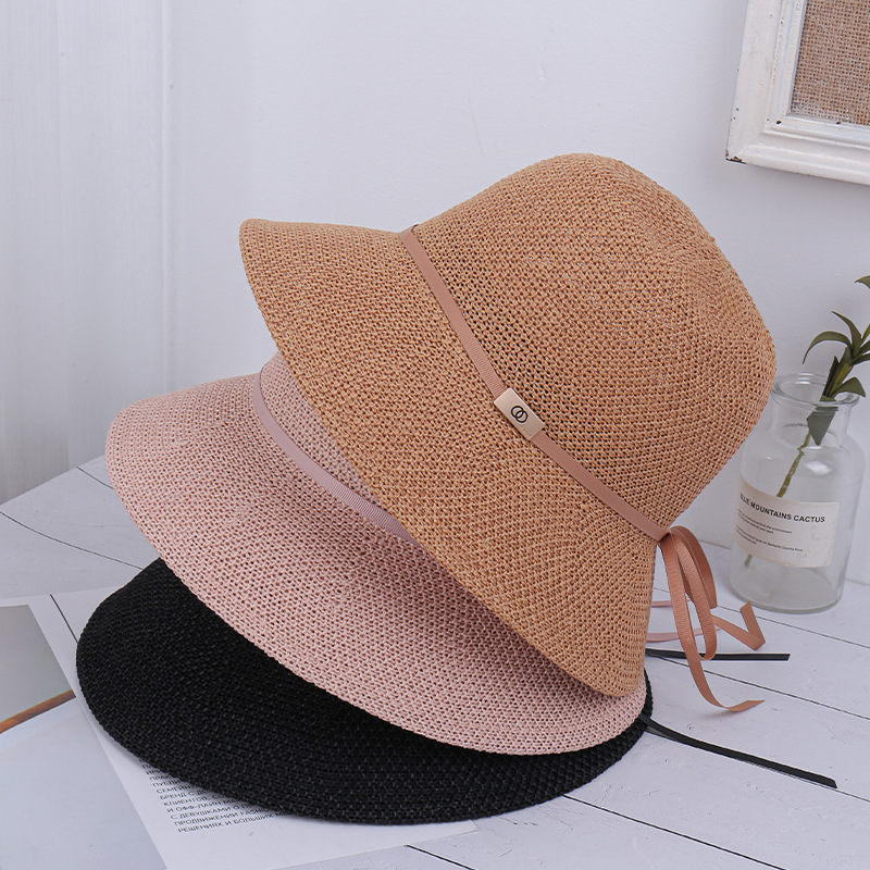 Fashionable knitted breathable summer beach sun hat with bow