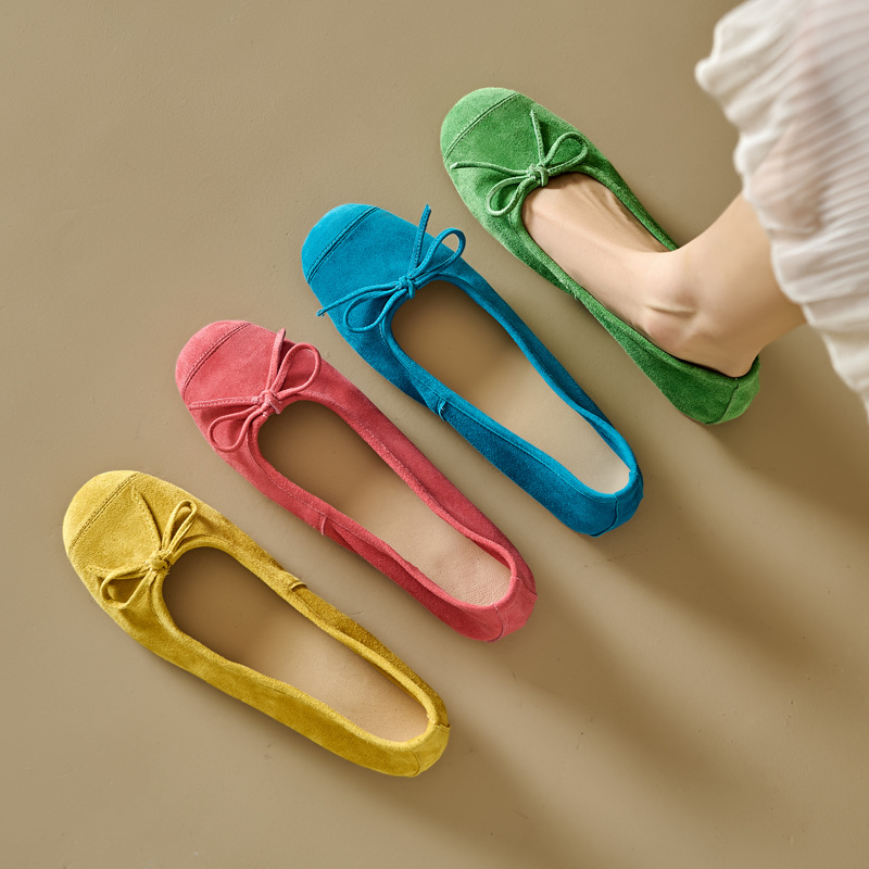 2024年秋款新款平底浅口单鞋豆豆鞋蝴蝶结船鞋平跟糖果色绿色蓝色