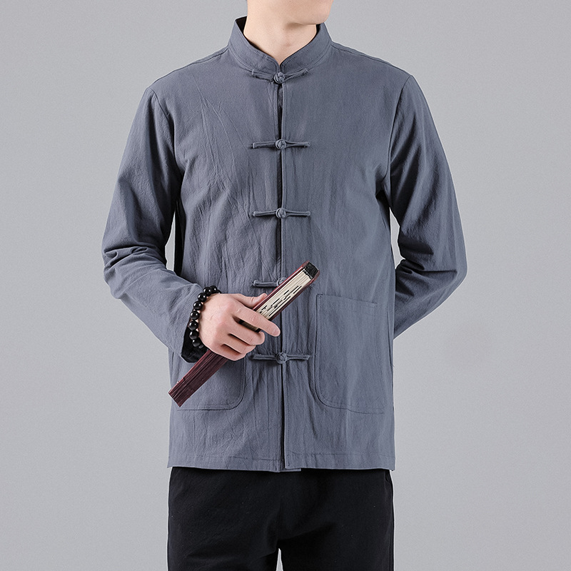 Cotton and Linen Shirt Men's Summer Long-Sleeved Jacket Chinese Fashion Brand Chinese Style Buckle Loose Large Size Tang Suit Short-Sleeved Trend