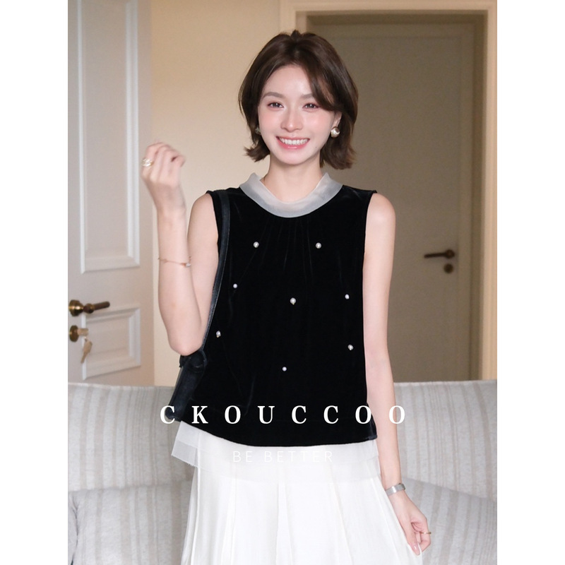 Rongtai Youya Beaded Silk Velvet Shirt for Women, Sleeveless, Organza Spliced Hem, Fashionable Mulberry Silk Top for Summer Rongtai Youya Beaded Silk Velvet Shirt for Women, Sleeveless, Organza Spliced Hem, Fashionable Mulberry Silk Top for Summer