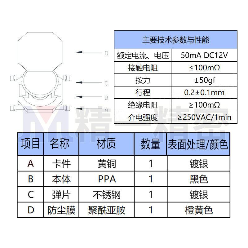 ソースメーカー 4*4*0.8 4 ピン SMD タクトスイッチメンブレンスイッチ 5.2*5.2 キー SMD|undefined
