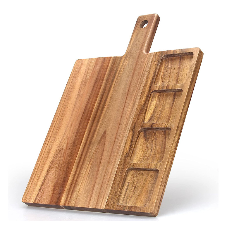 Placa de almacenamiento de gran capacidad de tabla de cortar de madera con compartimento hogar conveniente plato de aperitivos de frutas y verduras con mango plato de desayuno