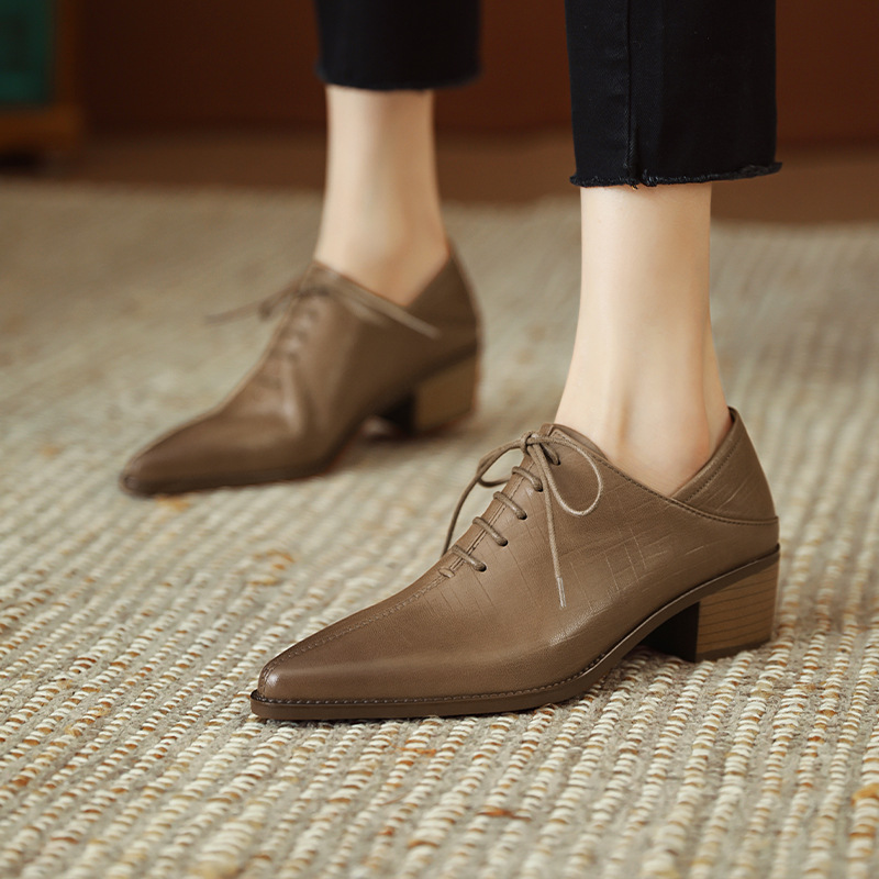 系带小皮鞋2025春季新款女鞋粗跟中跟低帮鞋尖头复古深口单鞋女
