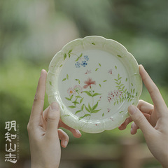 明知山志 果青末摘花夕顏壺承 手繪花邊干泡壺承功夫茶具茶道配件