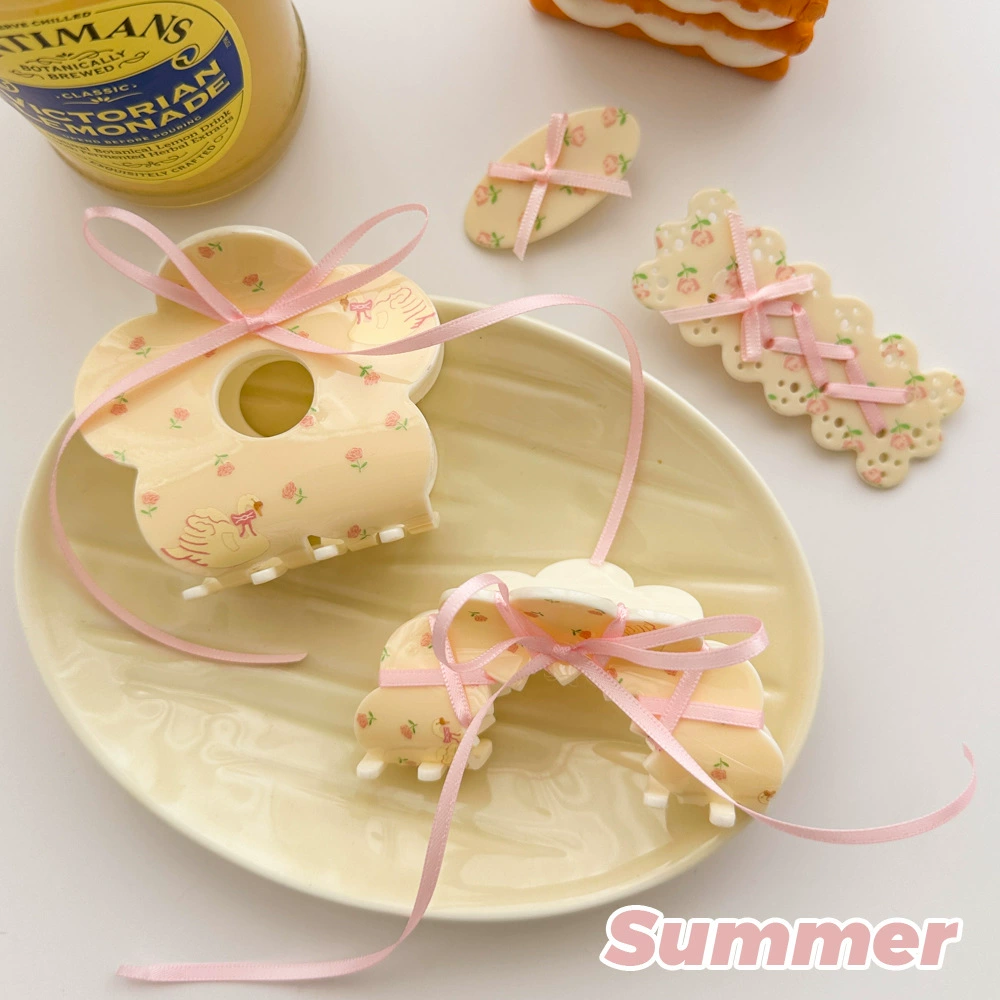 Hair band set — cream floral bow hairband with clips and crab pin, cute hairgrips (2–4 pcs)