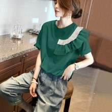 荷叶边设计感绿色圆领短袖T恤女2023夏新款韩版宽松百搭小众上衣