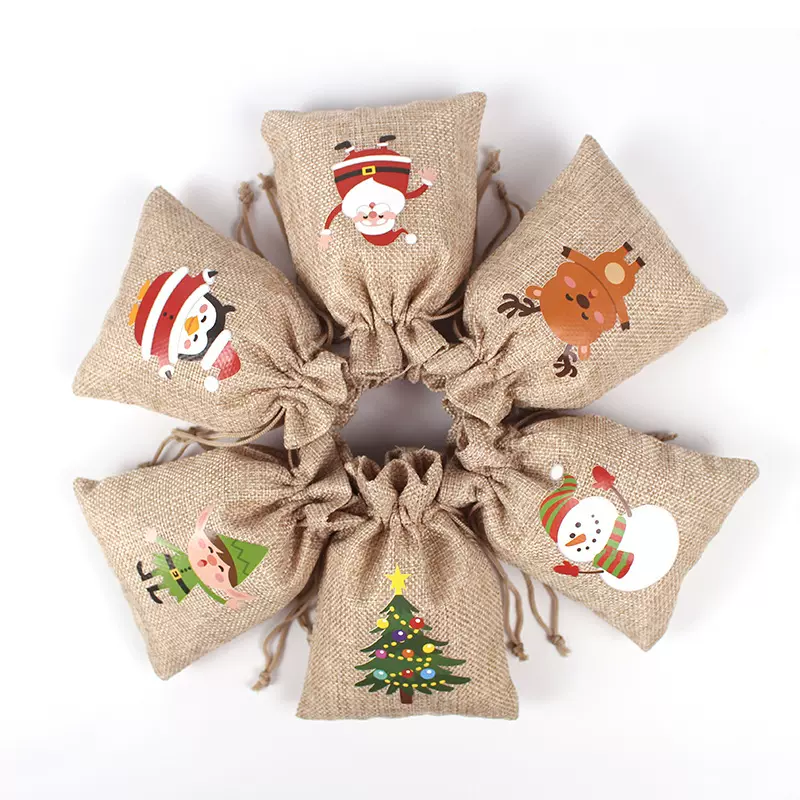 定制圣诞袋亚马逊麻布束口袋卡通圣诞装饰品套装24个礼品包装袋