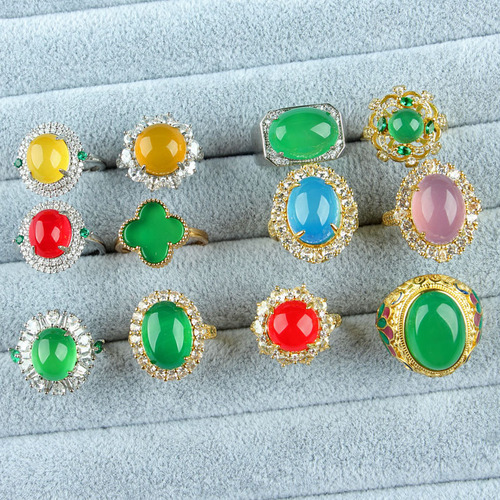 Natural green chalcedony ancient gold ring Imperial green chalcedony inlaid women's ring Blue chalcedony pink chalcedony inlaid women's ring jade