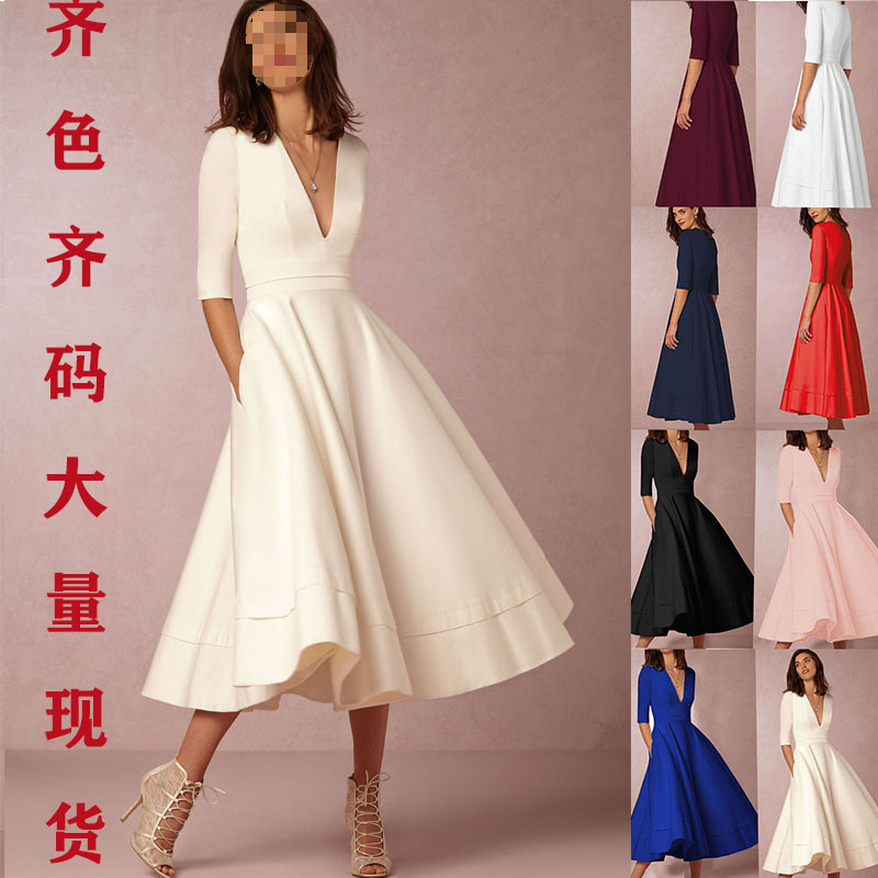 Popular Deep European and American Mid-Sleeve High-End Dress Mid-Length Skirt New Autumn and Winter Sexy