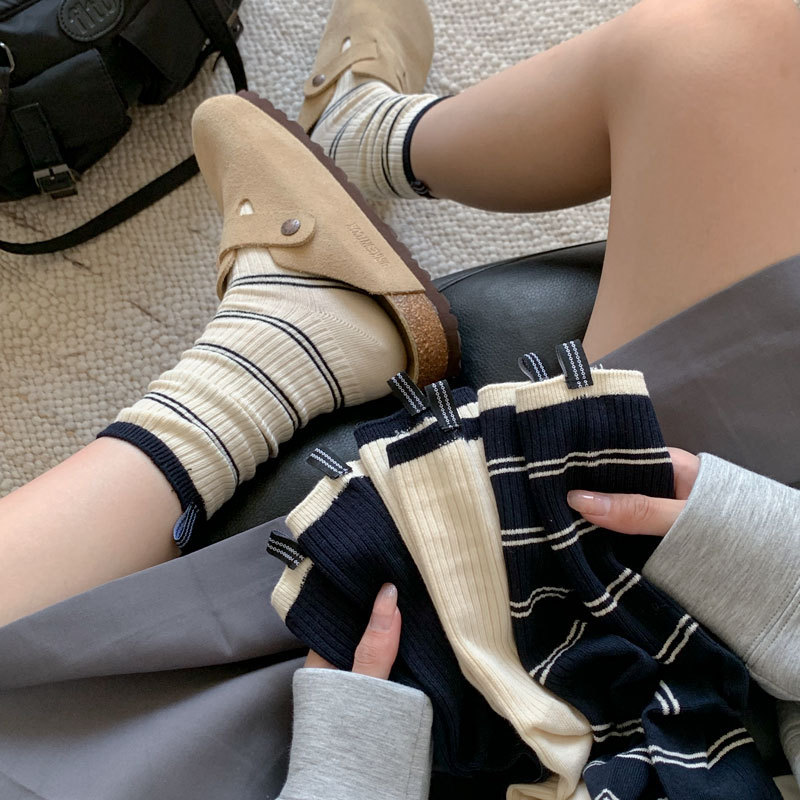 Autumn and Winter New Japanese Style Horizontal Strip Color Matching Cloth Label Socks Women's Korean Style Simple Daily All-match Stacking Socks Women's Socks