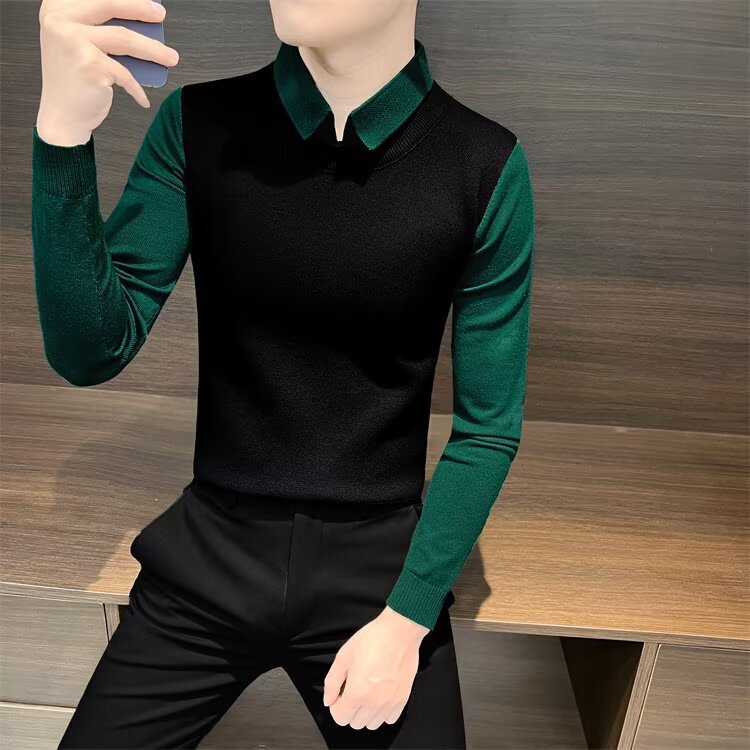 Fake Two-Piece Knitted Sweater Men's Korean Style Slim Solid Color Shirt Collar Men's Long-Sleeve Collared Outerwear Autumn Top Trendy