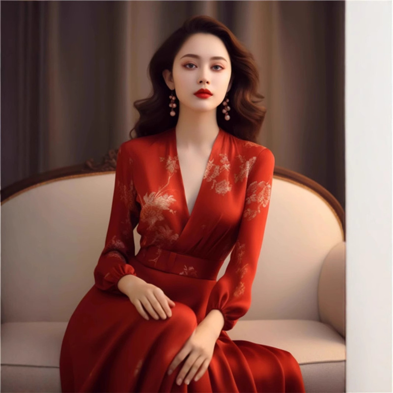 2417 Formal Occasion Long Dress Temperament Tight Waist V-Neck High-Level Sense Hall Air Red Silk Printed dress
