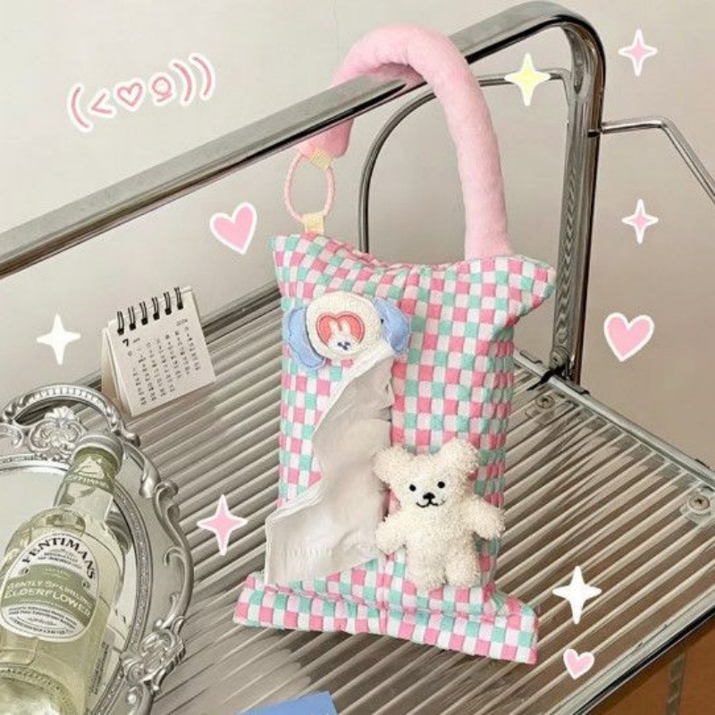 Car tissue box with cream decoration and little white bear design, car tissue holder for seat back, creative hanging tissue storage box