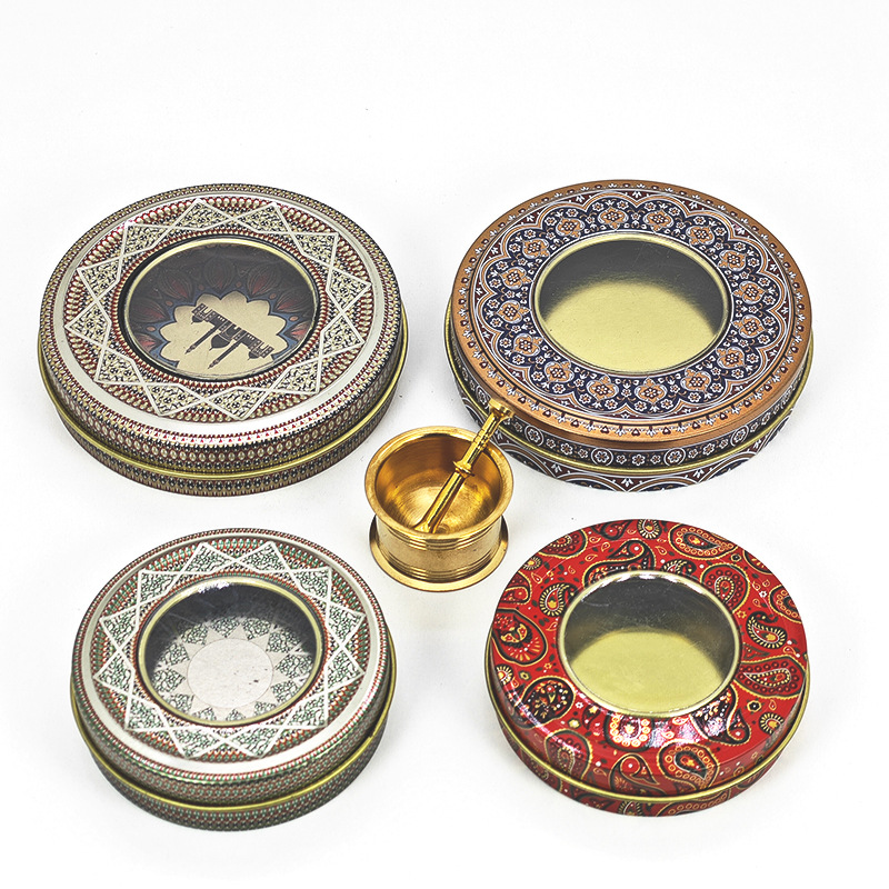 直径70伊朗藏红花现货铁盒包装开窗小圆盒马口铁梵文花茶铁皮盒子