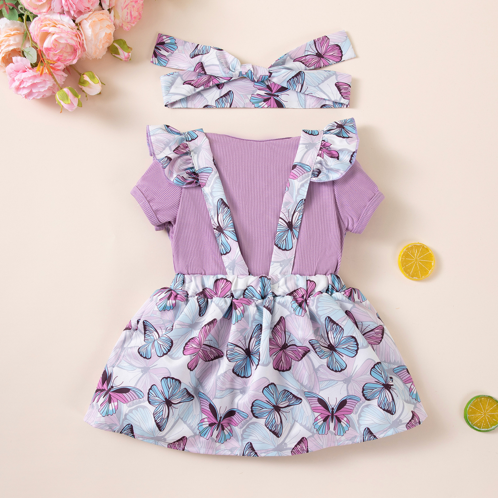 Ropa infantil 26 mariposa púrpura impresa correa falda bebé vestido de manga corta set set set de verano bebé set